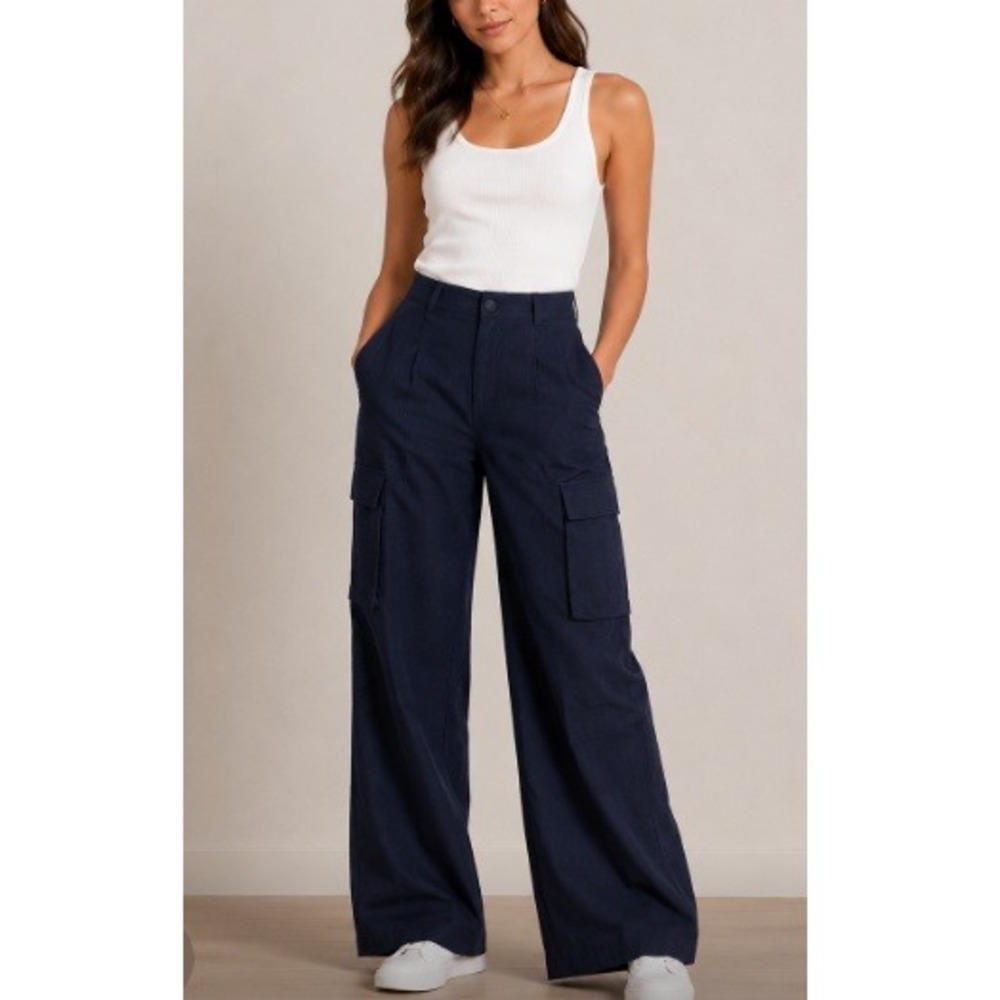 La Ligne Women's Navy Wide Leg Cargo Pockets Alba Pant Size 14 NWT